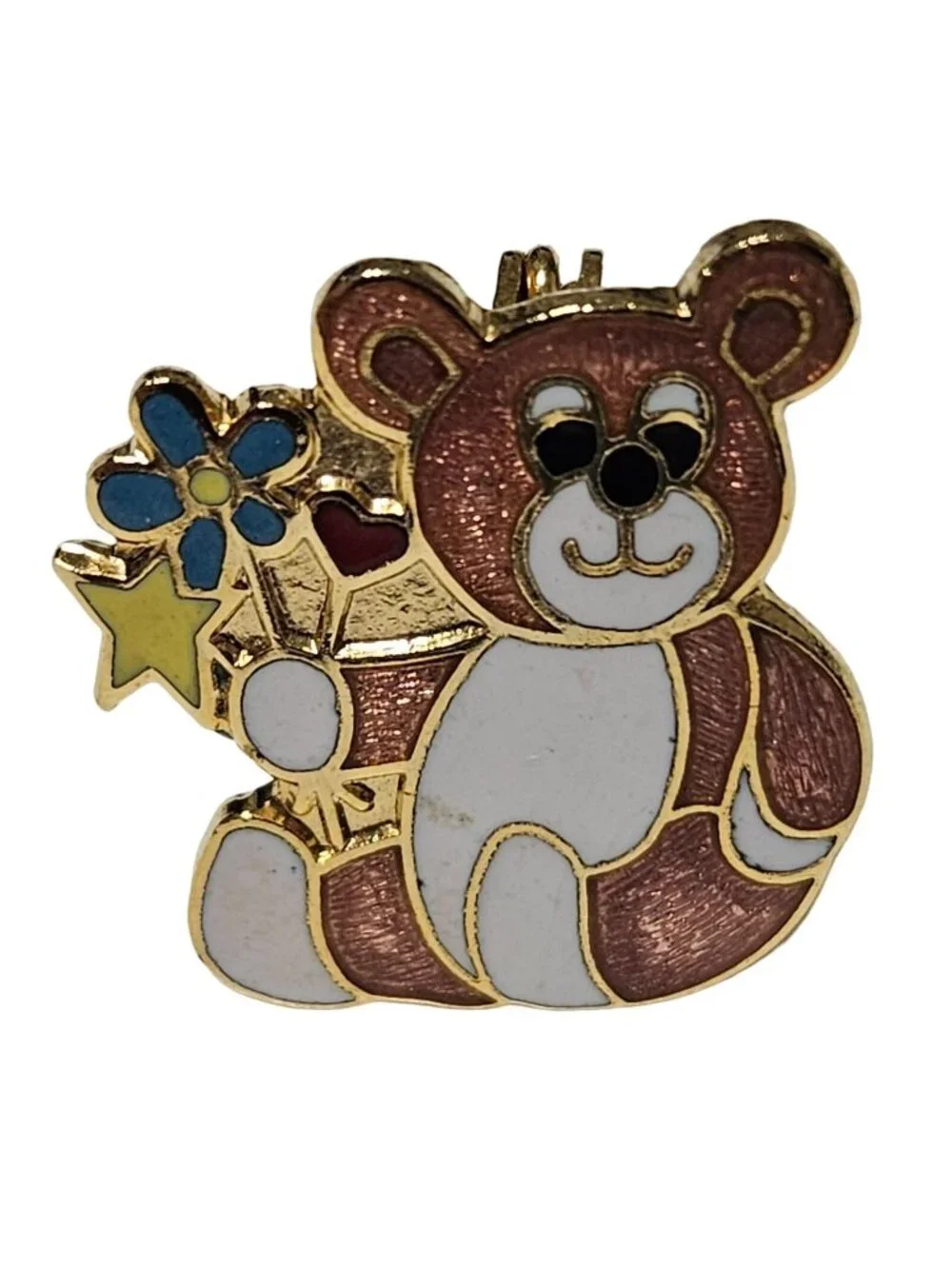 Vintage 80s TFS Teddy Bear Lapel Pin Flowers Stars Enamel Retro Fashion Jewelry